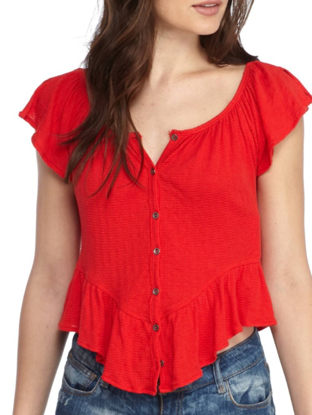 We The Free Red Ruffled Button Up Crop Top Size S